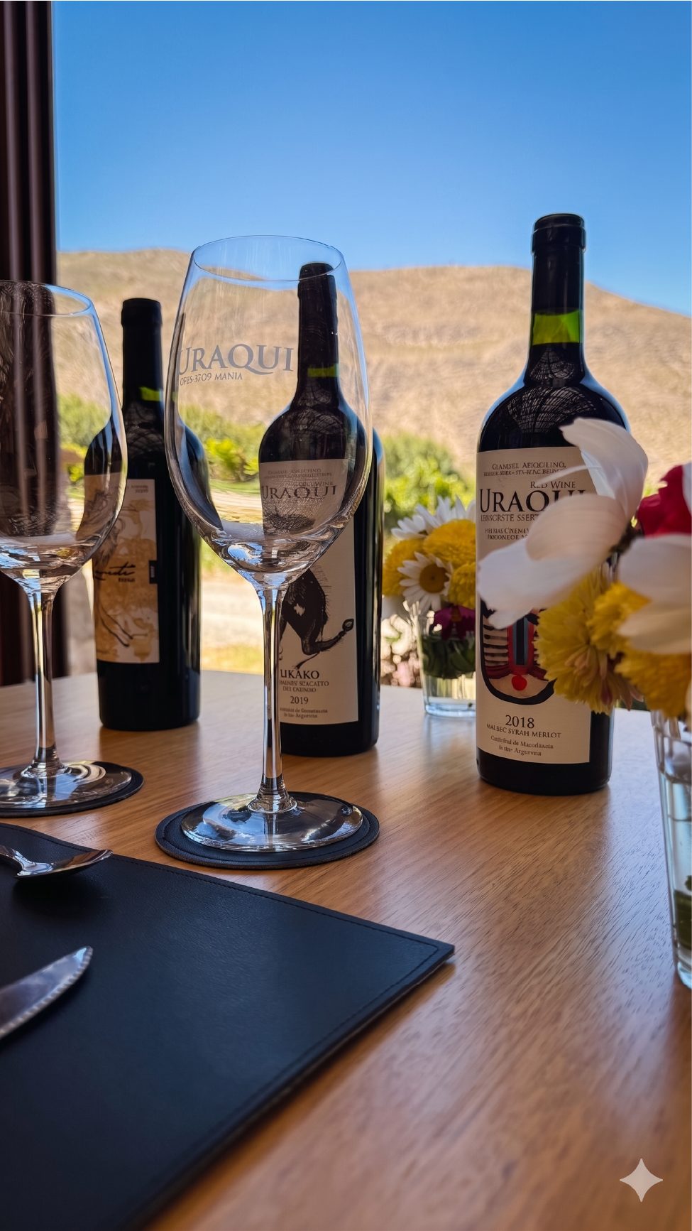 Copas y botellas Uraqui frente al paisaje